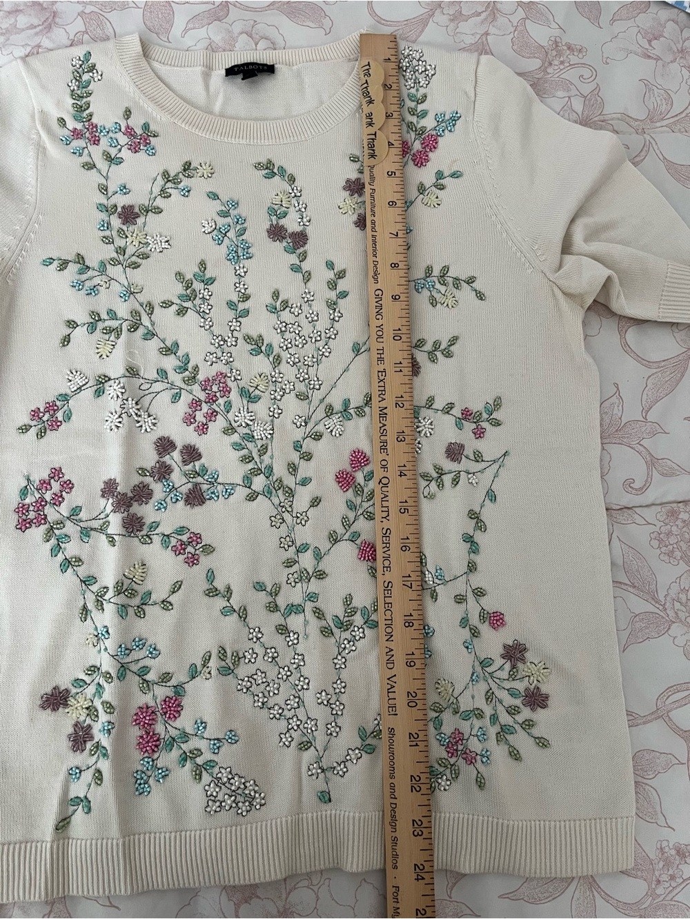Talbots Cream Floral Embroidered Short Sleeve Sweater - Picture 8 of 9